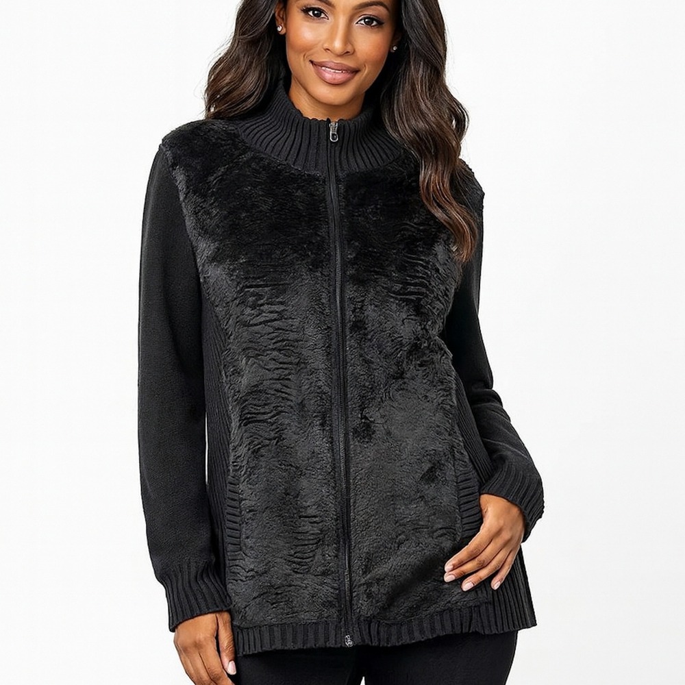 Catherines‎ Womens Faux Fur Sweater Coat 3X Black Fall Winter Office Ribbed Zip